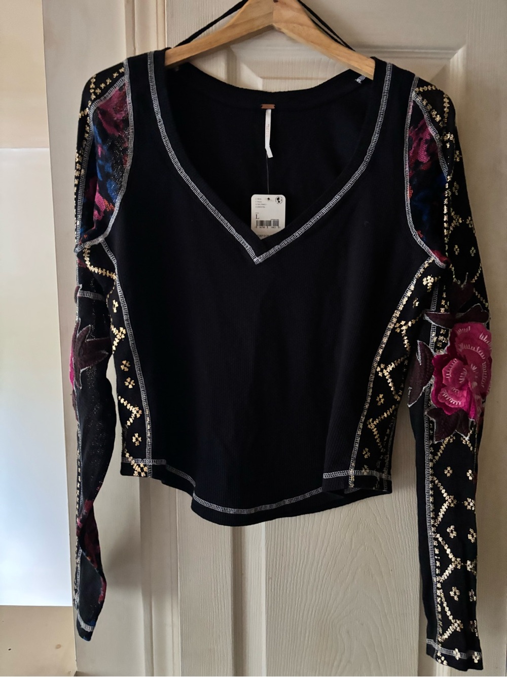 Free People Black V-Neck Long Sleeve Top with Pink Floral Embroidered Sleeves